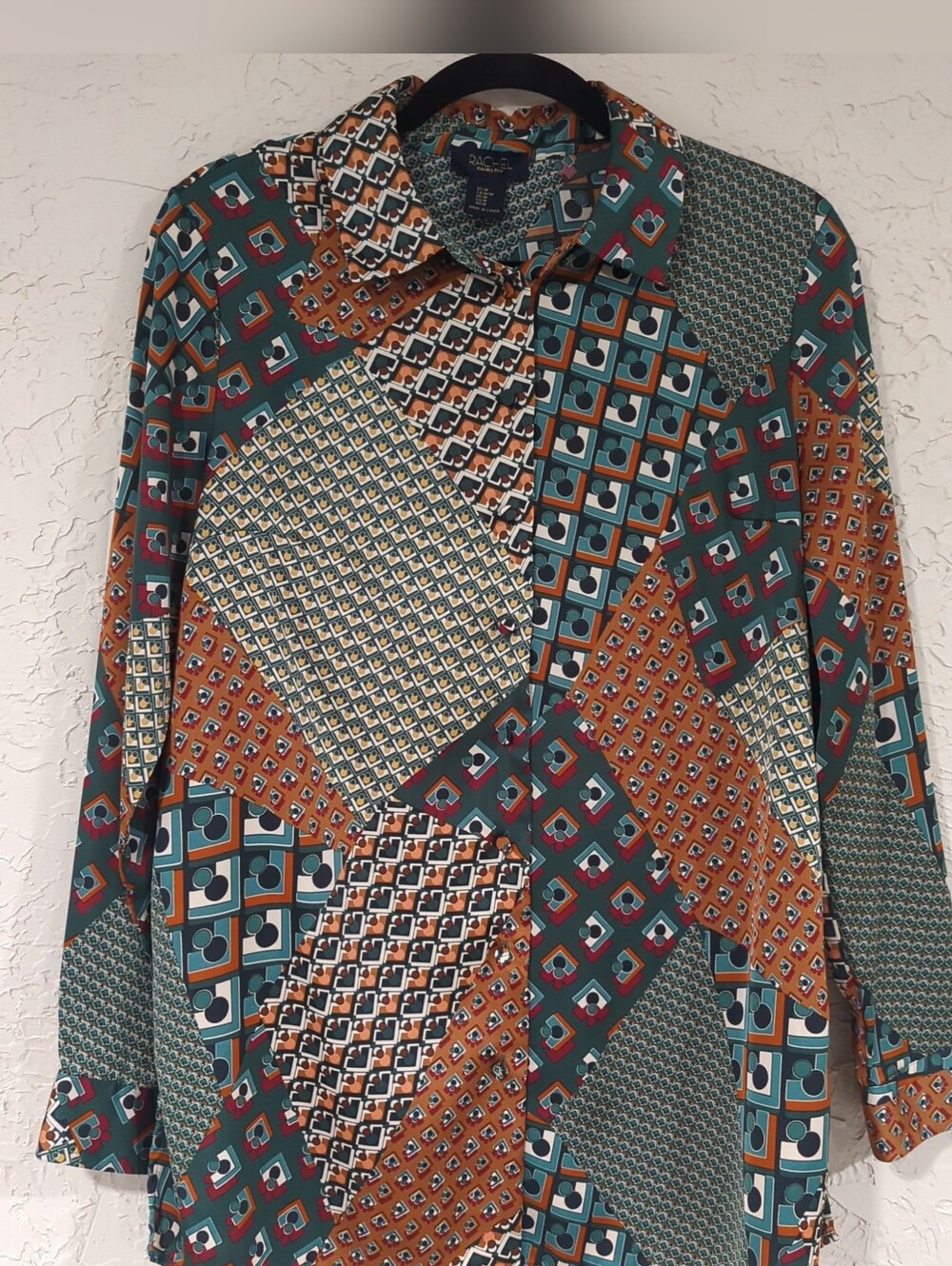 Rachel Roy Geometric Patchwork Satin Button-Up Blouse in Teal & Rust Women's M